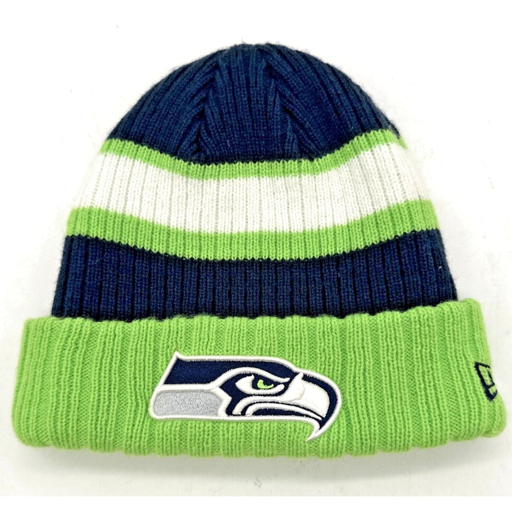 New Era Seattle Seahawks Cuff Knit Beanie Hat Navy Blue Green Stripe Mens OSFA